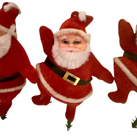 Vintage Flocked Santa Claus Dancing Ornaments Set of Five Hong Kong 4” Kitsch - Picture 2 of 4